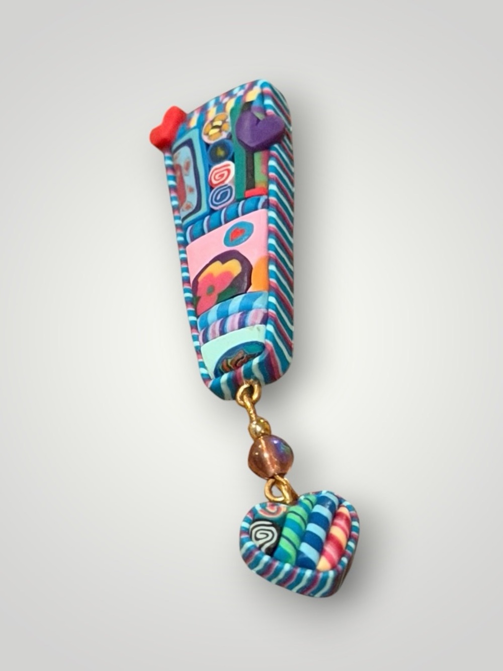 Signed Artisan Polymer Clay Brooch Colorful Heart Dangle Wearable Art